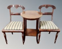 A pair of 19th century mahogany dining chairs together with two tier occasional table