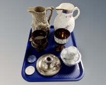 A tray containing Coalport Caughley mask-head jug, further stoneware jug, granite mortar and pestle,