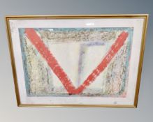An acrylic painting of a red 'V' in gilt frame and mount together with a further acrylic painting