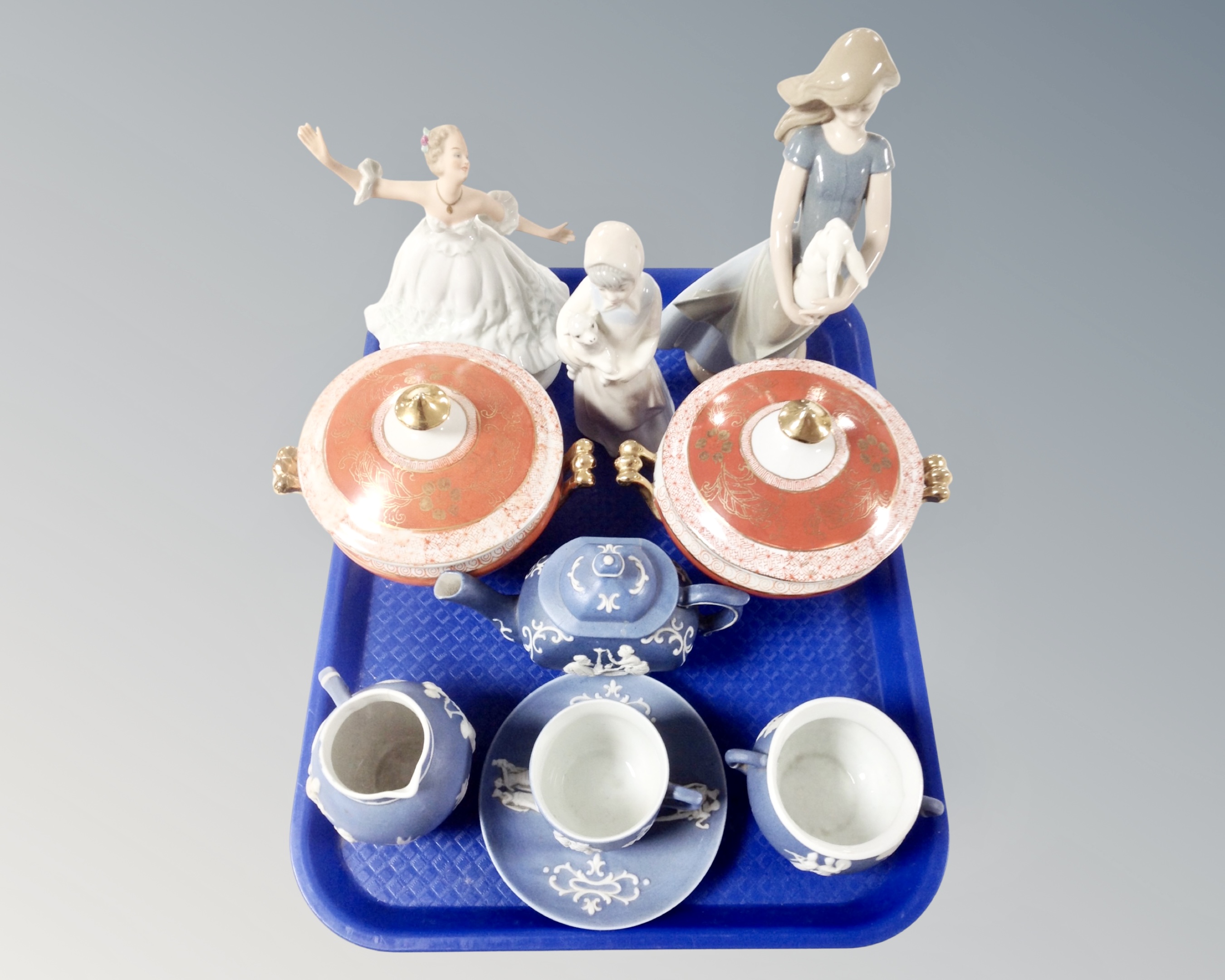 A tray of ceramics including two-tone blue and white tea set, pair of continental tureens,