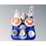A tray of ceramics including two-tone blue and white tea set, pair of continental tureens,