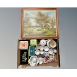A box of china, Aynsley, Ringtons tins, posies,