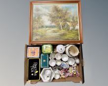 A box of china, Aynsley, Ringtons tins, posies,