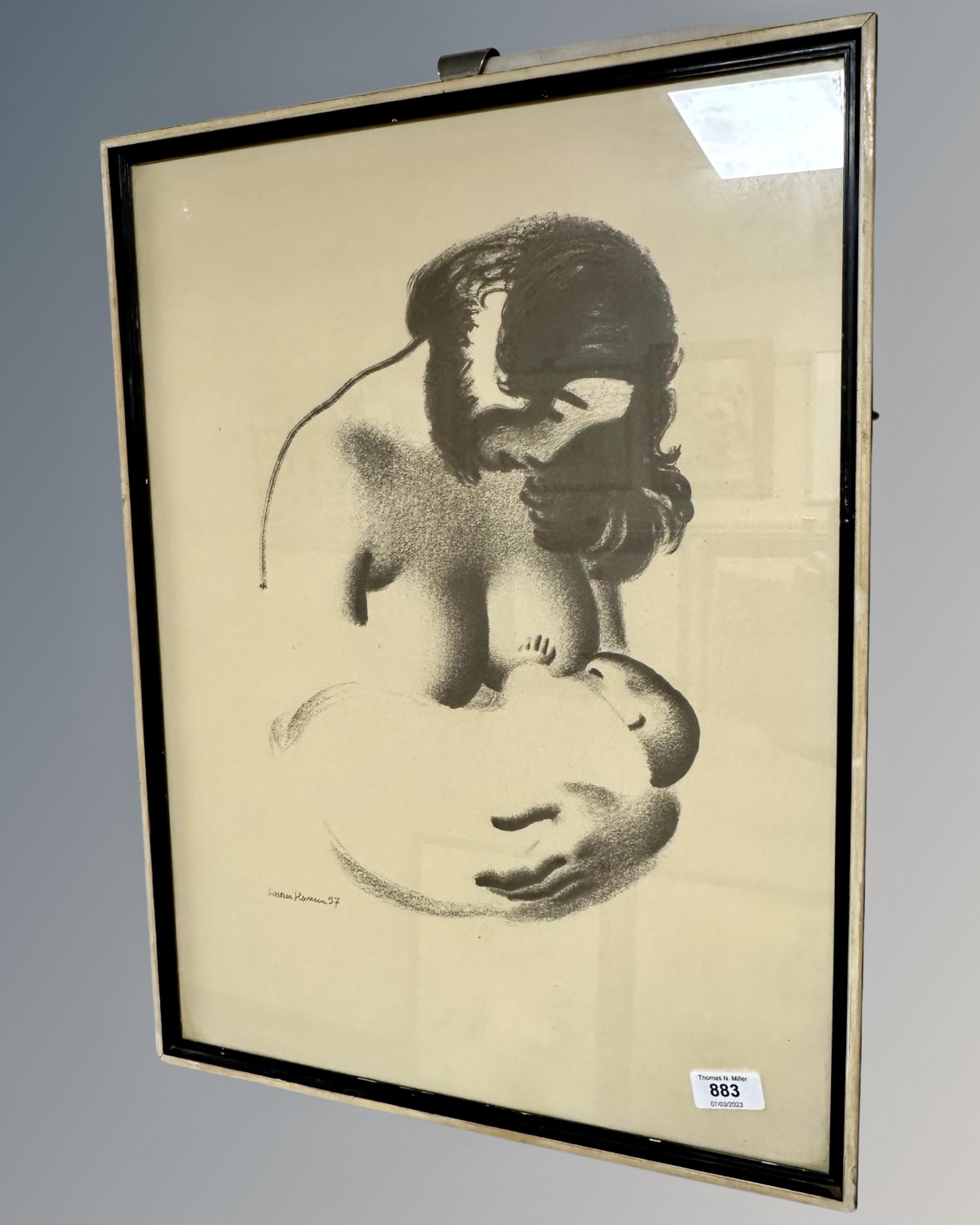 After Furker Hanson : a lady breast feeding, monochrome print,