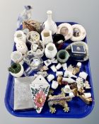 A tray containing assorted ceramics including china thimbles, Wedgwood green jasperware heart dish,