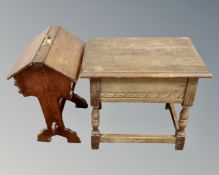 A 20th century oak storage stool together with a sewing box on stand