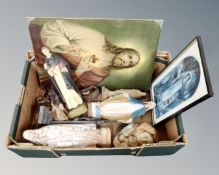 A box of religious figures, wooden crucifix,