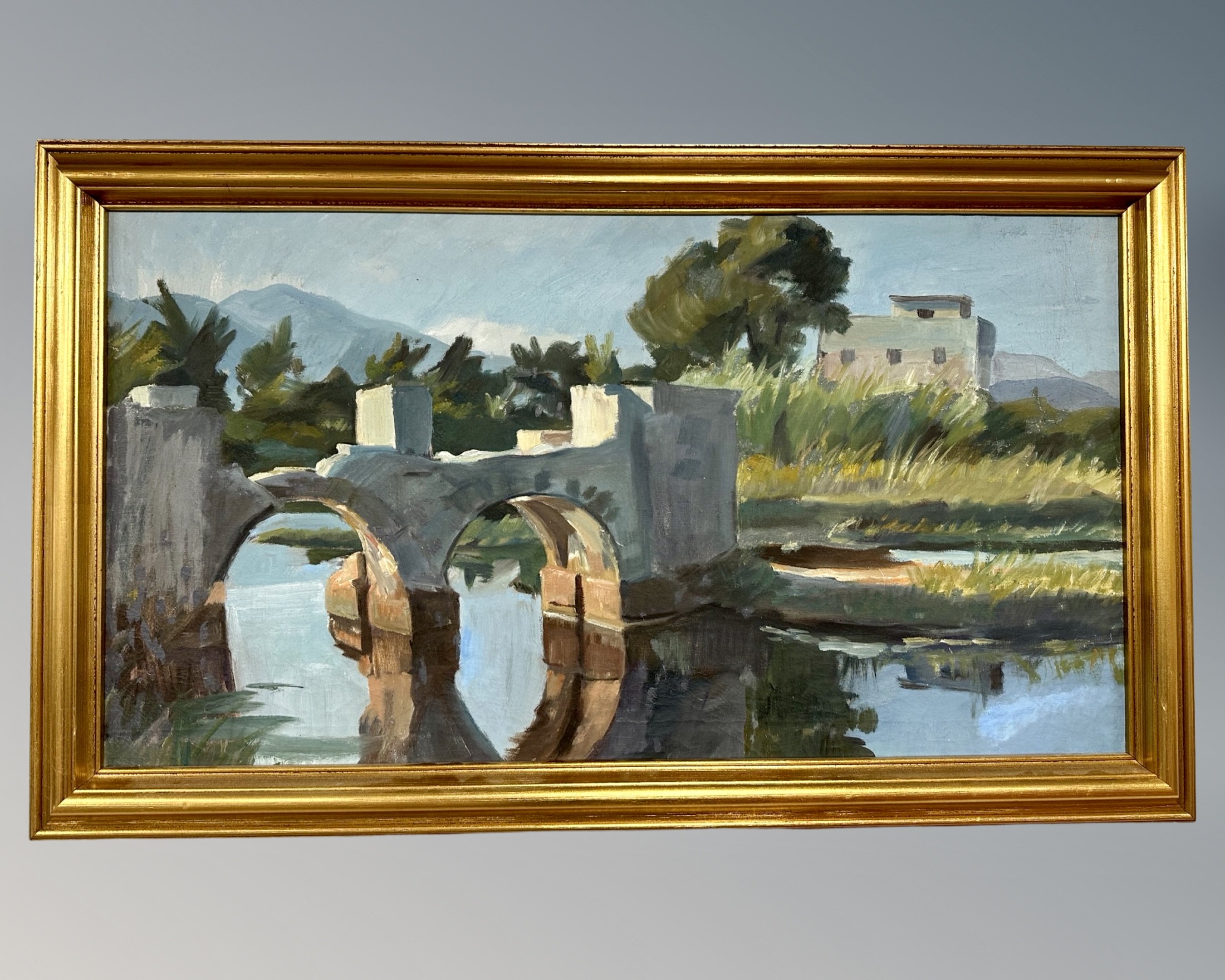 Continental school : study of a bridge by a river, oil on canvas,