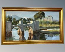 Continental school : study of a bridge by a river, oil on canvas,