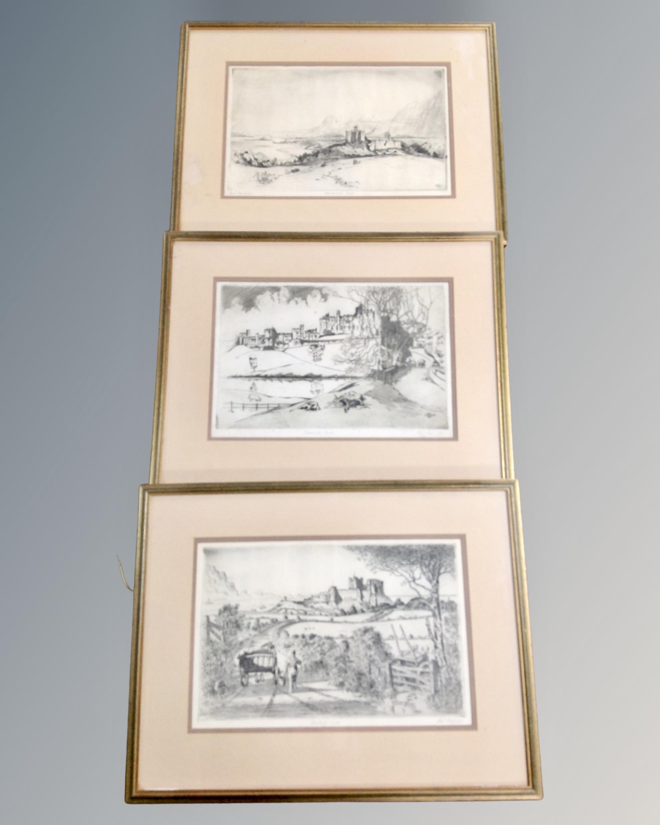 Three signed Burt Bainbridge prints depicting Warkworth castle,