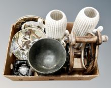 A box of pair of contemporary ceramic cactus vases, wine rack, cherub comport, assorted wall plates,