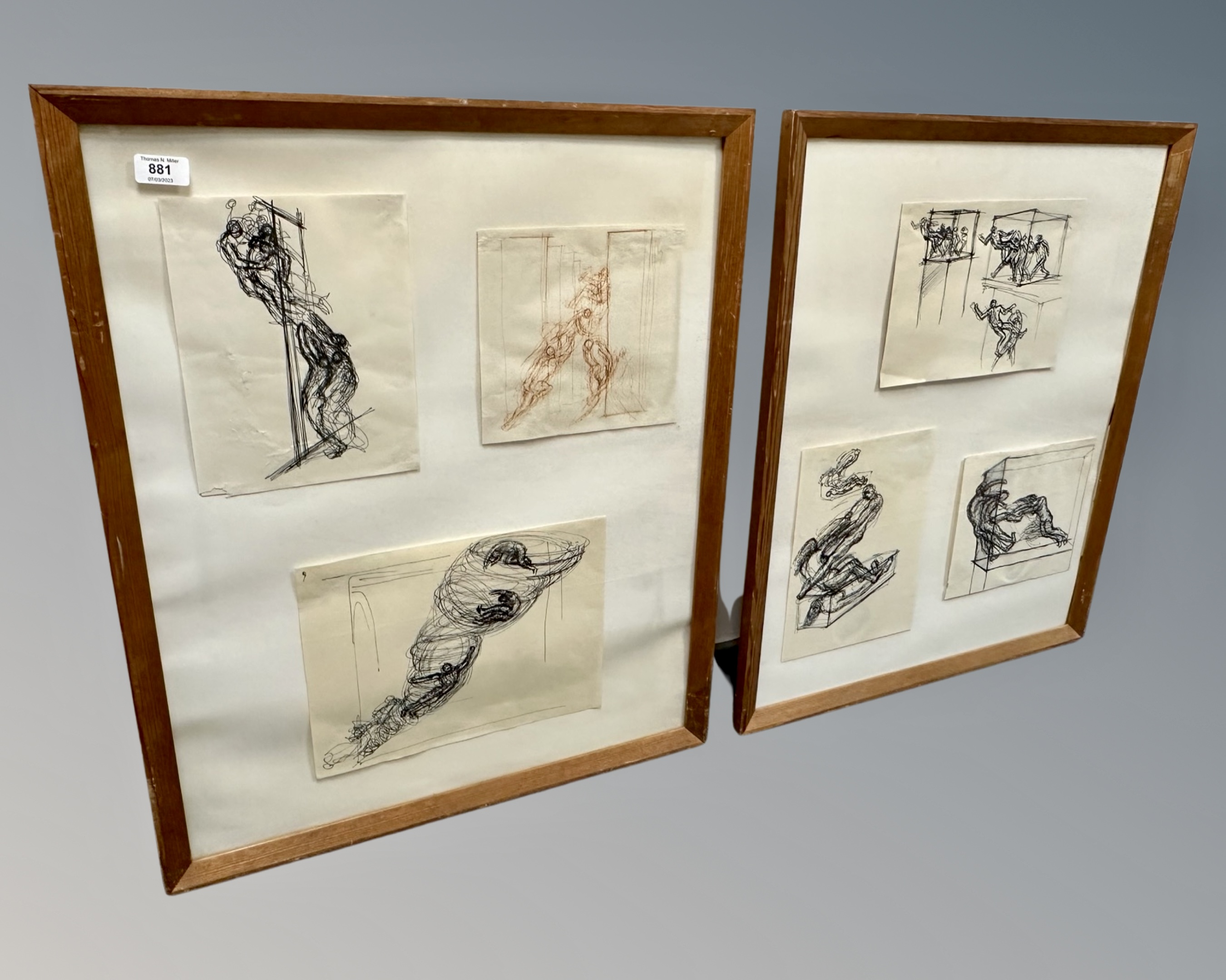 Six pen and ink studies, depicting sketches of figures, framed overall as two.