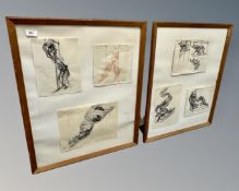 Six pen and ink studies, depicting sketches of figures, framed overall as two.