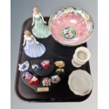 A tray of Maling floral bowl, Royal Doulton figures,