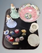 A tray of Maling floral bowl, Royal Doulton figures,