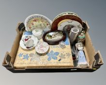 A box of collector's plates, china, Ringtons plaques,