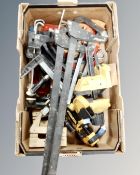 A box of sixteen assorted wood working clamps