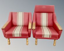 Two 20th century Scandinavian oak armchairs in red striped fabric