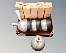 A box of Industrial light shades and six vases