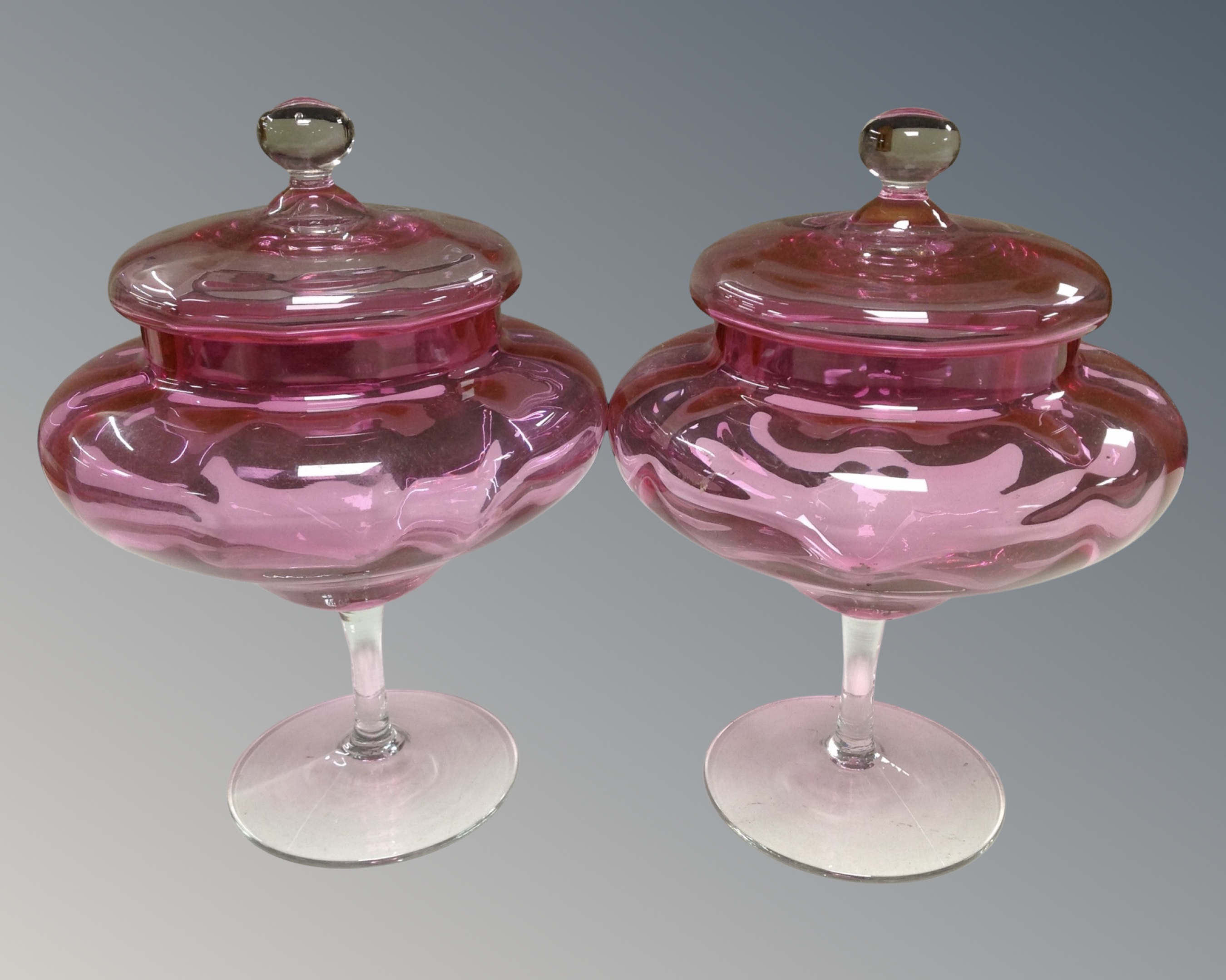 Two antique cranberry glass jugs together with a pair of lidded cranberry glass comports - Image 2 of 2
