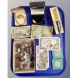 A tray of Victorian and later British coins, foreign coins and bank notes, 1977 crowns,