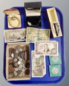 A tray of Victorian and later British coins, foreign coins and bank notes, 1977 crowns,