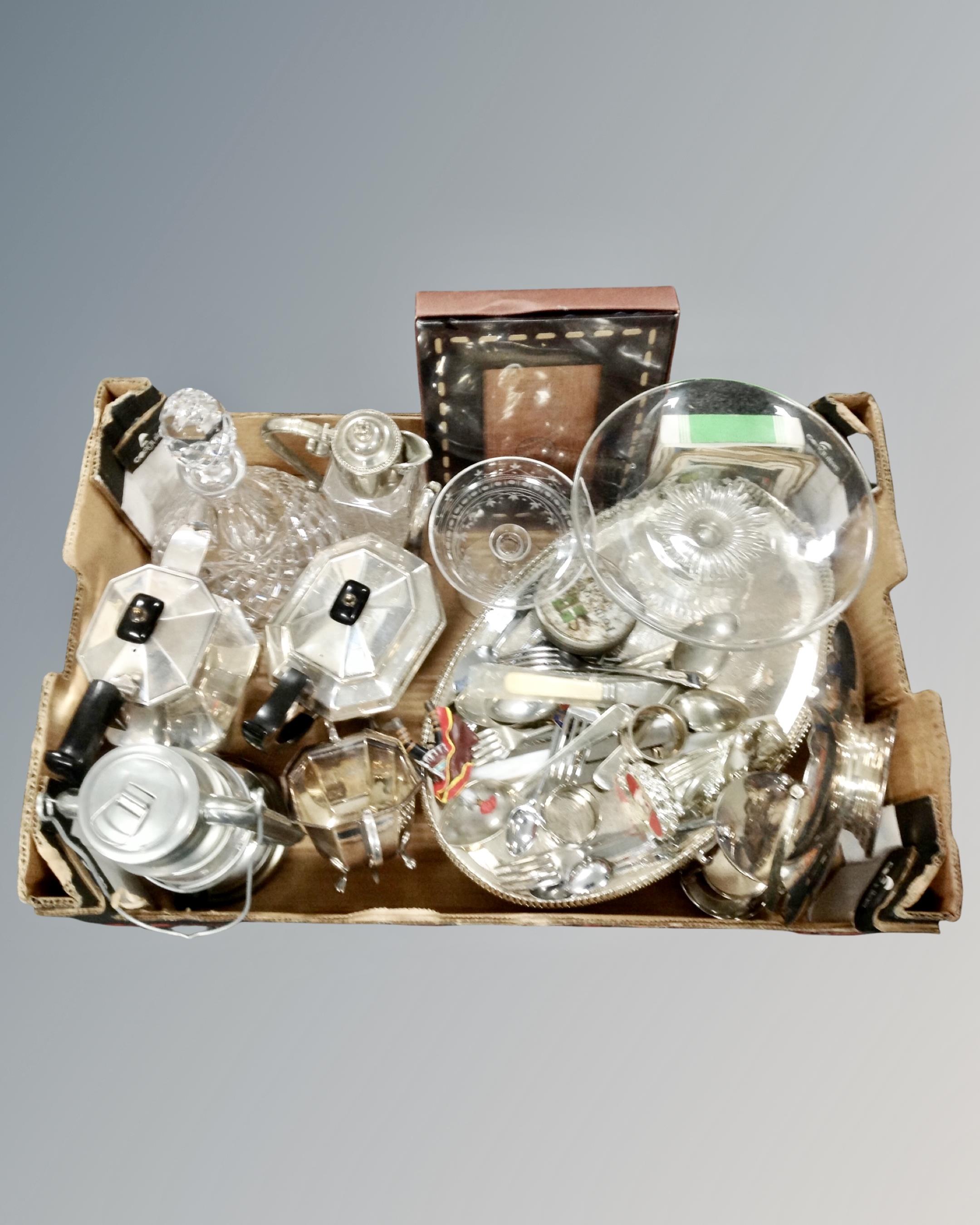 A large quantity of silver plated items, gallery tray, lamp,