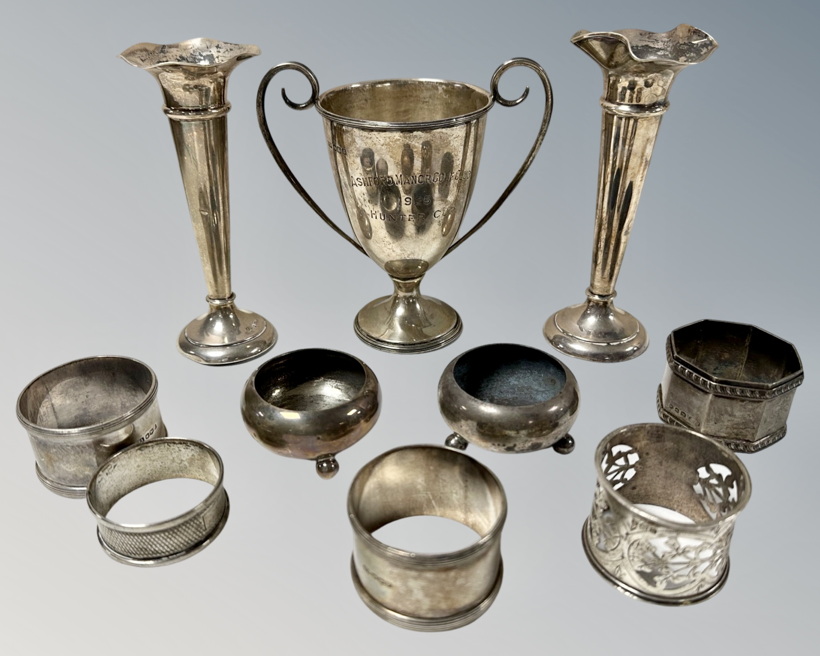 Miscellaneous silver comprising a trophy cup marked Ashford Manor Golf Club 1925 Hunter Cup,