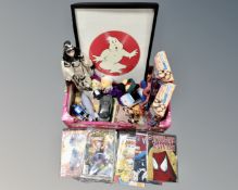 A box of Spiderman final adventure comic, Hearsay sing-a-long dolls,