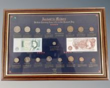 An ancient to modern British currency from 1551-present day coin montage in frame