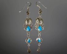 A pair of vintage silver and turquoise droplet earrings, length 60mm.