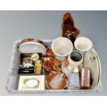 A box of carnival glass ware, ceramics, ash tray,
