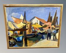 Continental school : figures by sailing boats, oil on canvas,