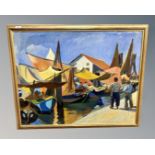 Continental school : figures by sailing boats, oil on canvas,