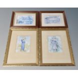 A pair of watercolour studies - Female figure in garden together with two framed prints