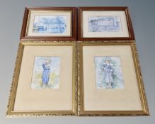 A pair of watercolour studies - Female figure in garden together with two framed prints