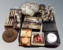 A tray of silver plated items, cutlery,