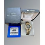 A gent's gold plated Citizen chronograph quartz calendar wristwatch in box