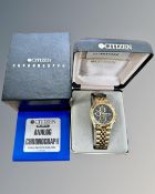A gent's gold plated Citizen chronograph quartz calendar wristwatch in box