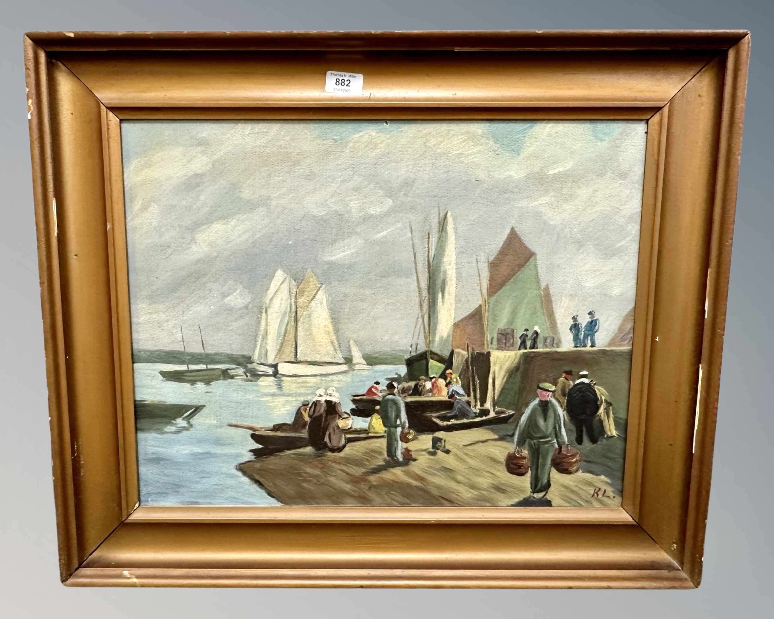 Continental school : figures on a quayside, oil on canvas,