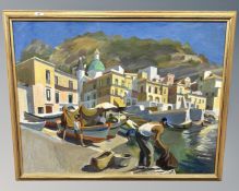 Continental school : unloading the days catch, oil on canvas,