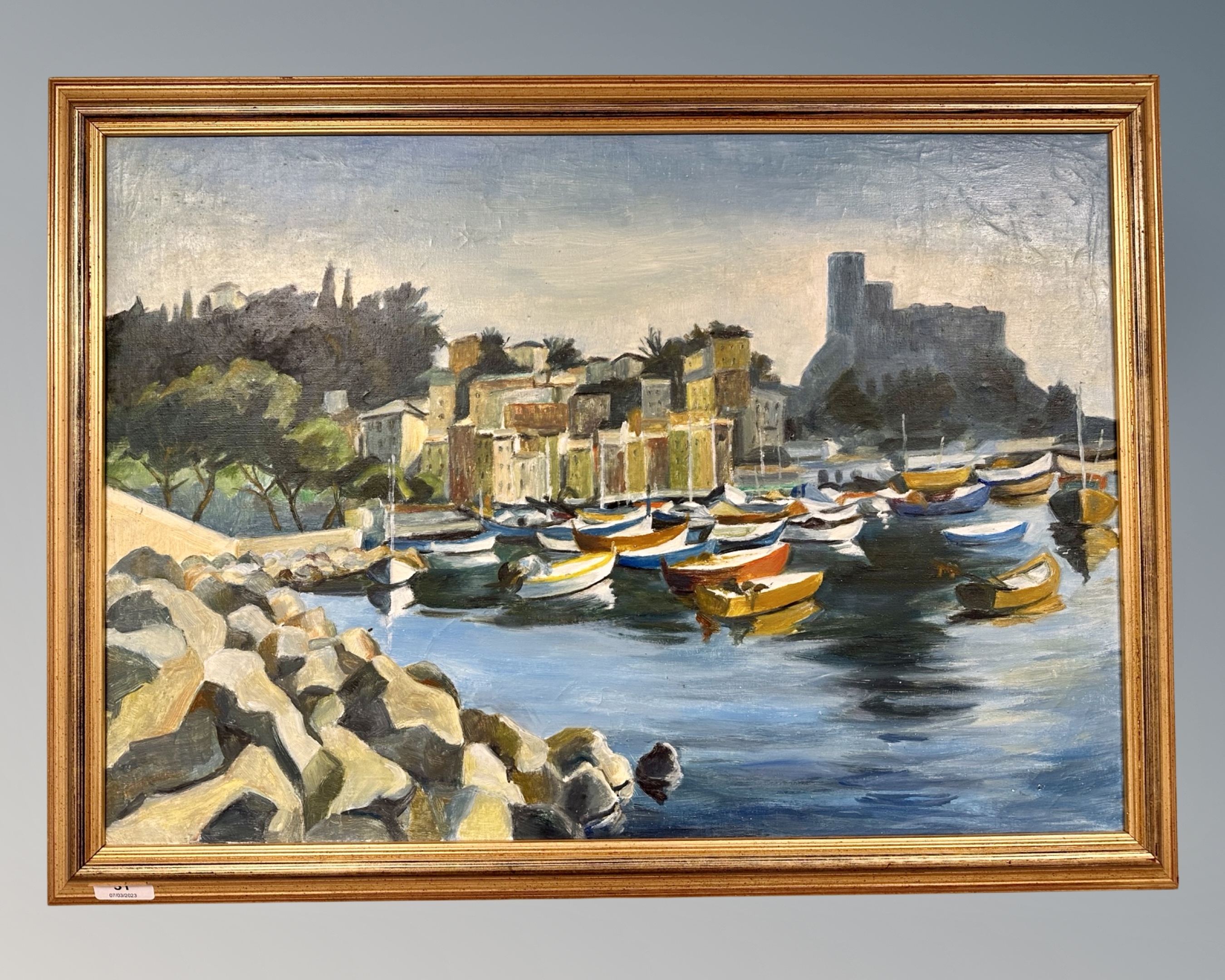 Continental school : boats by a dock, oil on canvas,