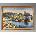 Continental school : boats by a dock, oil on canvas,