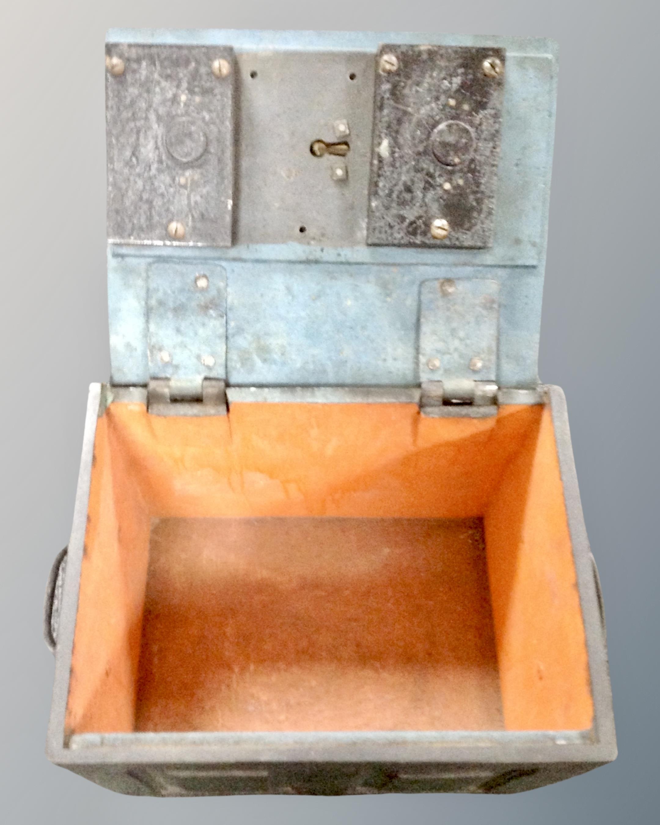 A 19th century steel strong box with key - Image 2 of 2