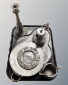 A tray of antique pewter to include hammered candlestick,