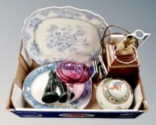 A box containing lamp base, blue and white plates,
