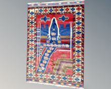 A modern Baluchi rug depicting a city skyline,