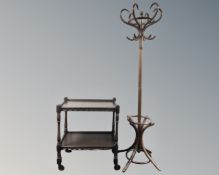 A beech bentwood hat and coat stand together with two tier trolley