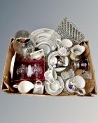 A box of ceramics and glass, crystal, lady's watch, silver plated mustard pot,