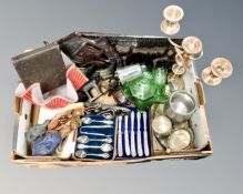 A box of cutlery, silver plated items, glass, handkerchief vase,
